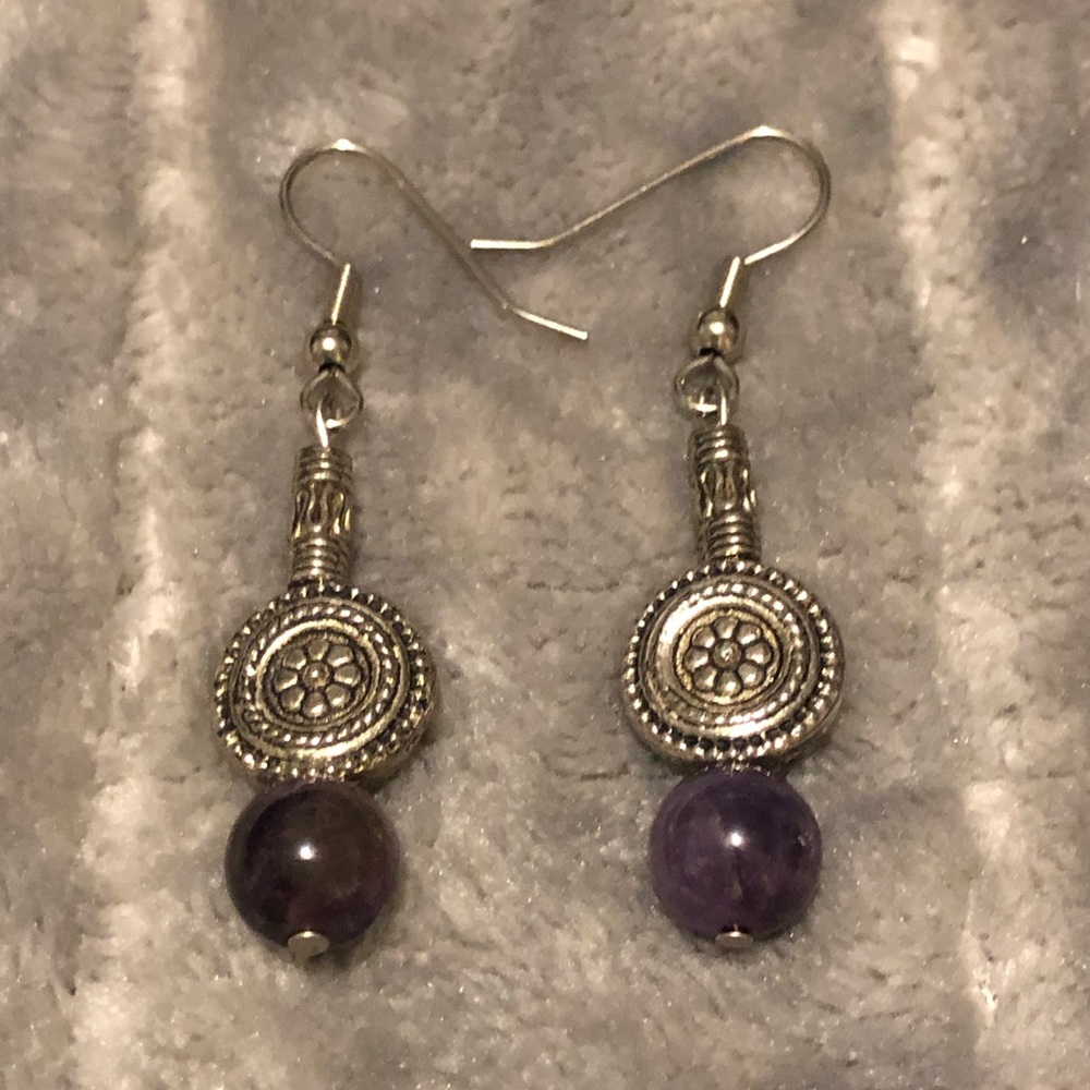 ♥️ Silver Tone Purple Beaded Earrings